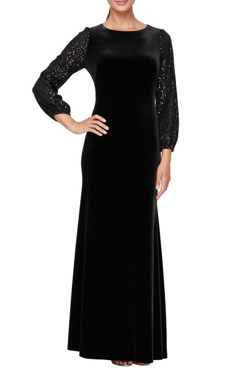 Sequin Detail Long Sleeve Velvet Gown