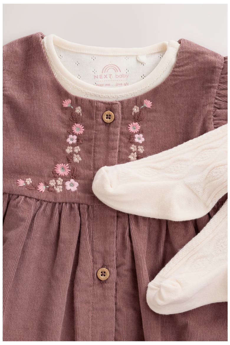 Kids' Embroidered Corduroy Pinafore Dress, Bodysuit & Tights Set, Alternate, color, PURPLE