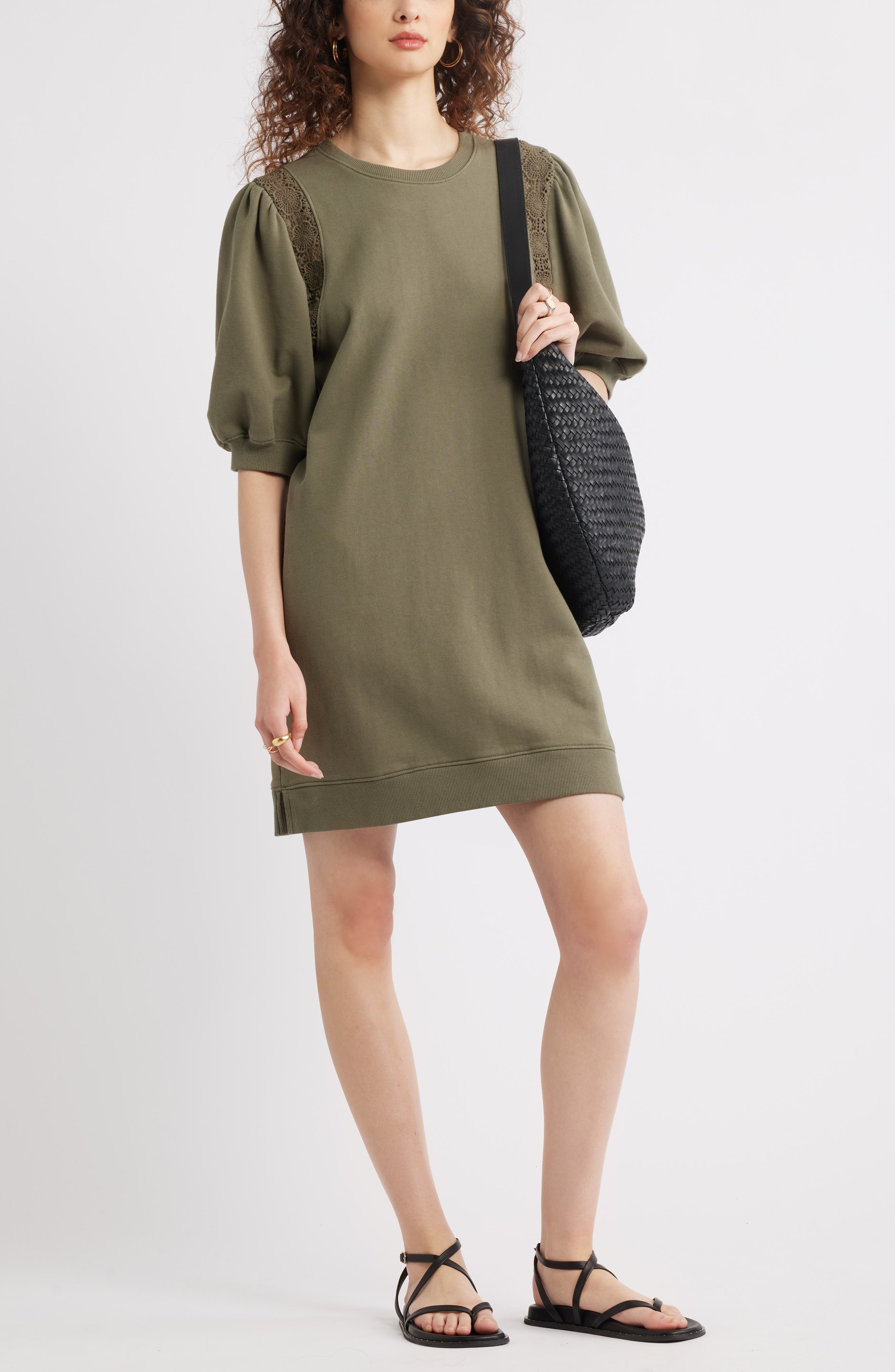 Treasure & Bond Lace Inset Puff Sleeve Cotton Blend Sweatshirt Dress