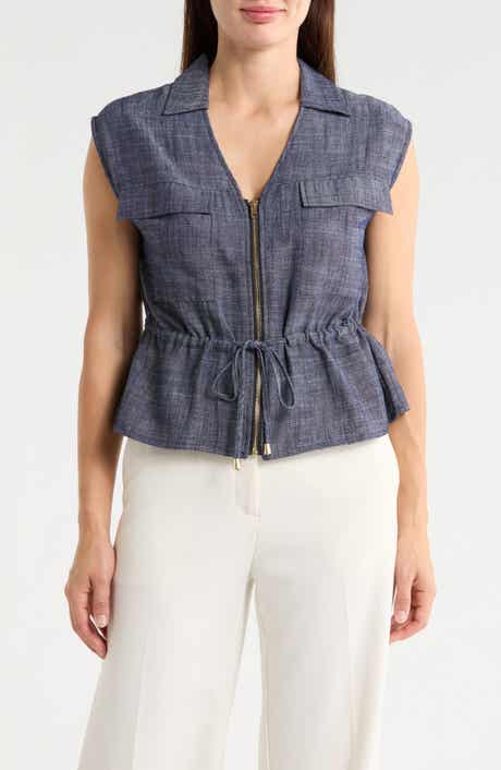 Ellen Tracy Sleeveless Patch Pocket Chambray Top