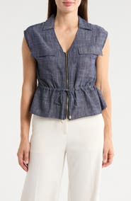 Ellen Tracy Sleeveless Patch Pocket Chambray Top
