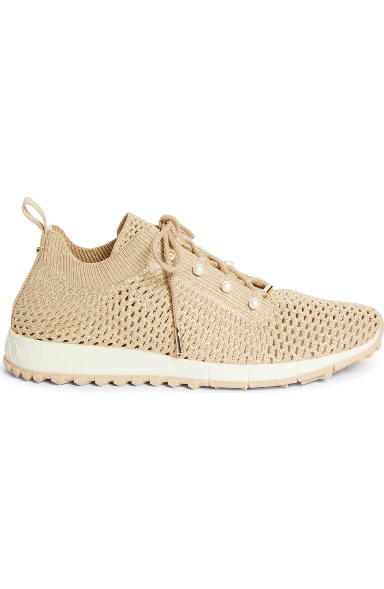 Jimmy Choo Veles Faux Pearl Shimmer Knit Sneaker, Alternate, color, Light Soft Gold Mix
