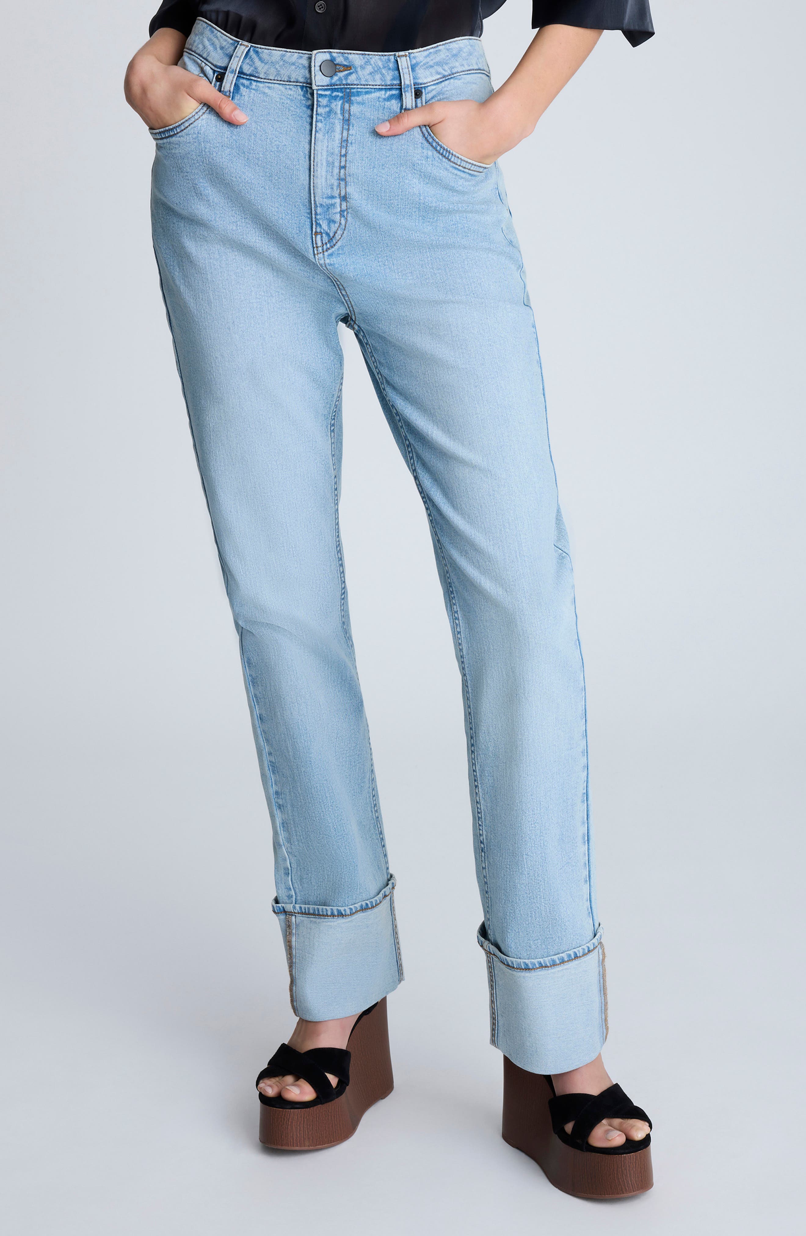 High Waist Cuffed Straight Leg Jeans