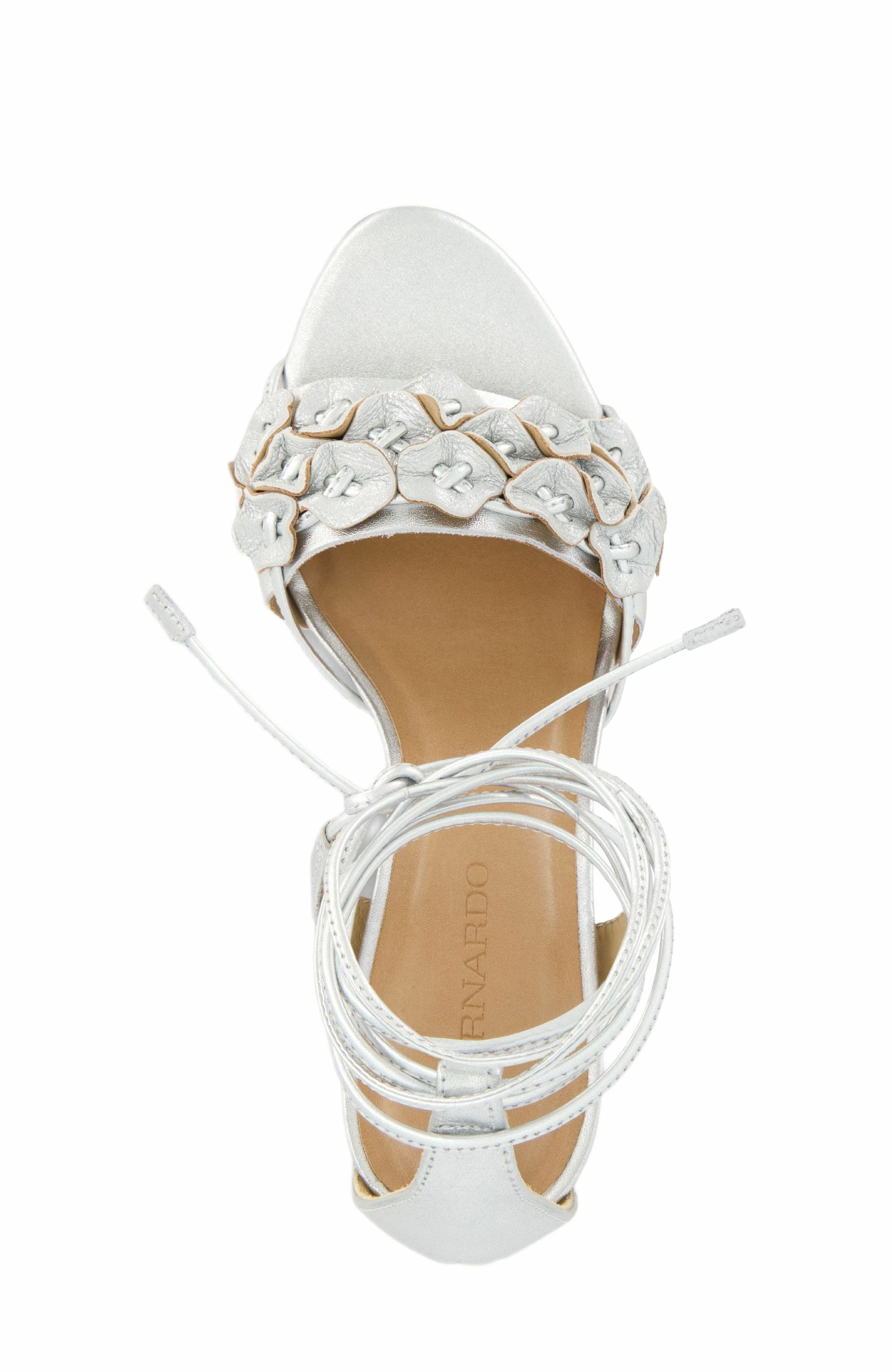 Bernardo Footwear Ieda Floral Ankle Tie Heeled Sandal, Alternate, color, Silver