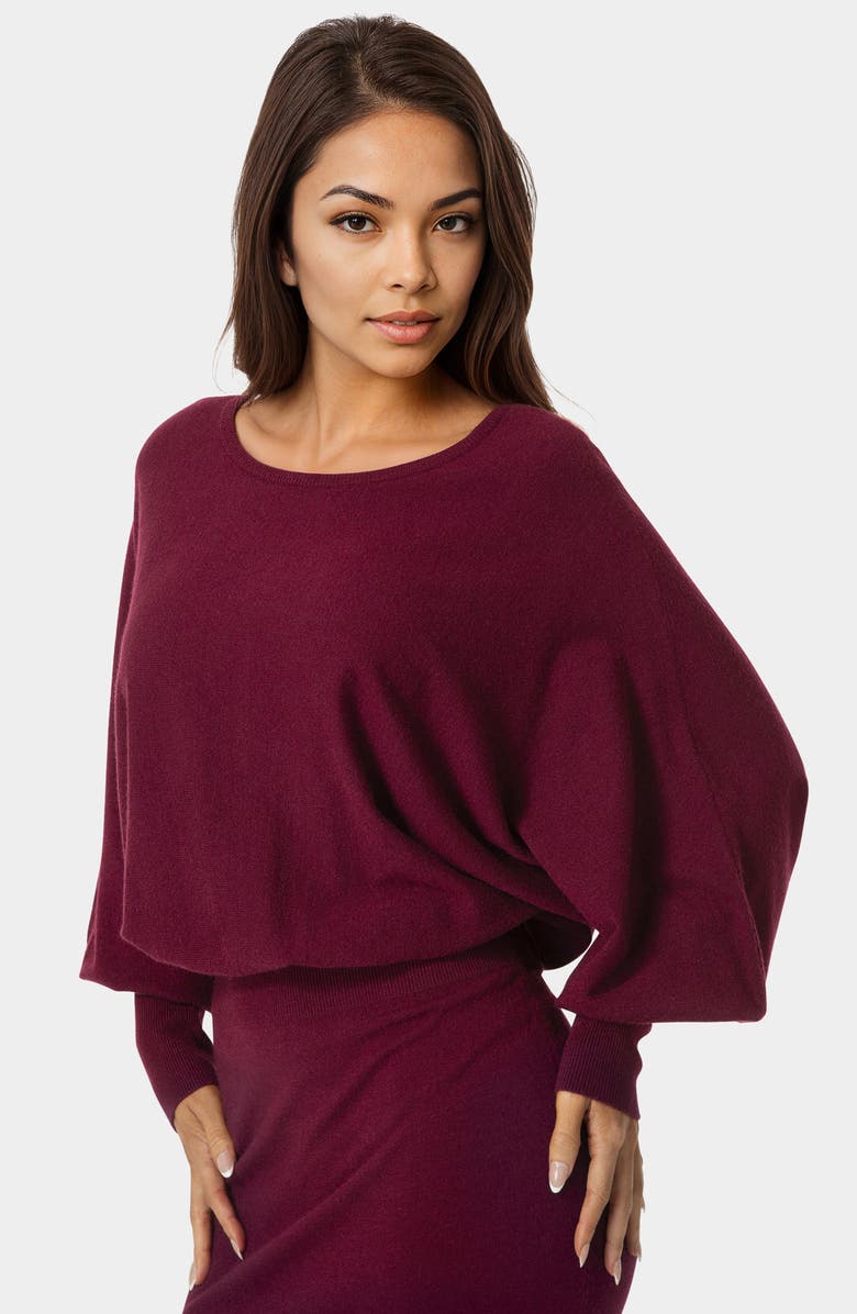 bebe Scoop Neck Dolman Sleeve Sweater Dress, Alternate, color, Wine