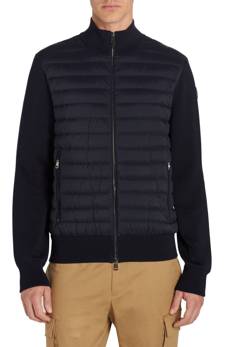 Moncler Quilted Down & Knit Cardigan, Main, color, 