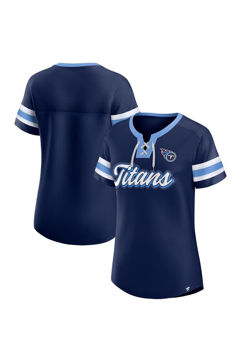 Women's Fanatics  Navy Tennessee Titans True Catch Iconic Rhinestone Bling Athena Lace-Up T-Shirt, Alternate, color, Navy