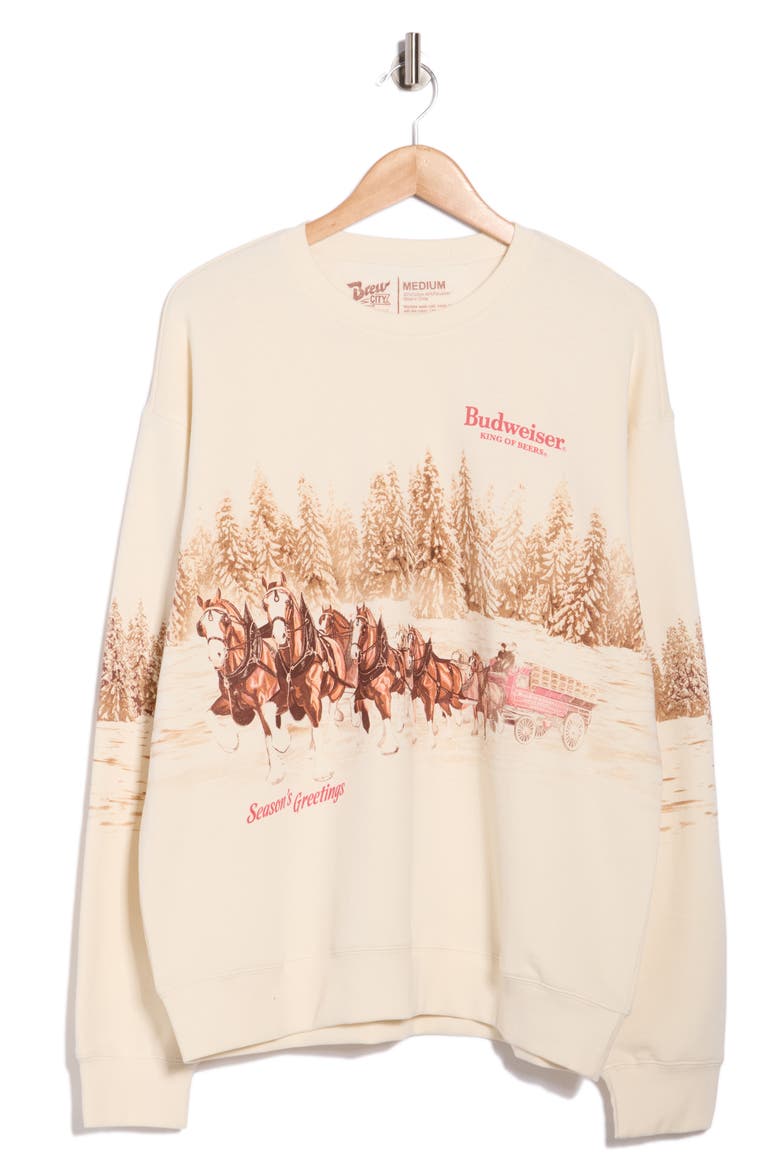 Budweiser Season's Greetings Fleece Sweatshirt, Alternate, color, ANTIQUE WHITE