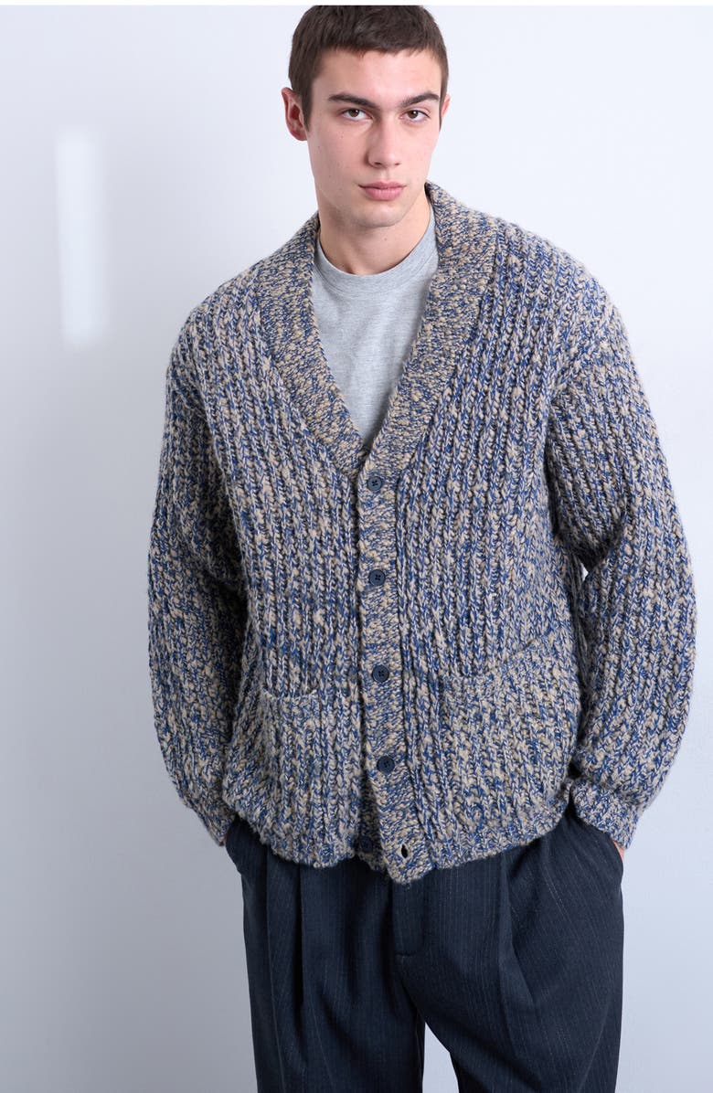 Topman Marled Chunky V-Neck Cardigan, Main, color, Navy