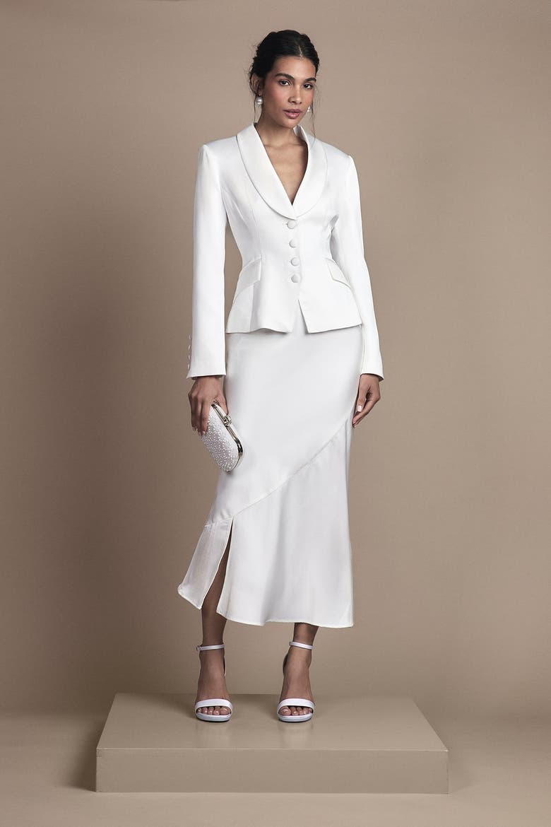 Satin Side-Split Fitted Midi Skirt, Alternate, color, Ivory