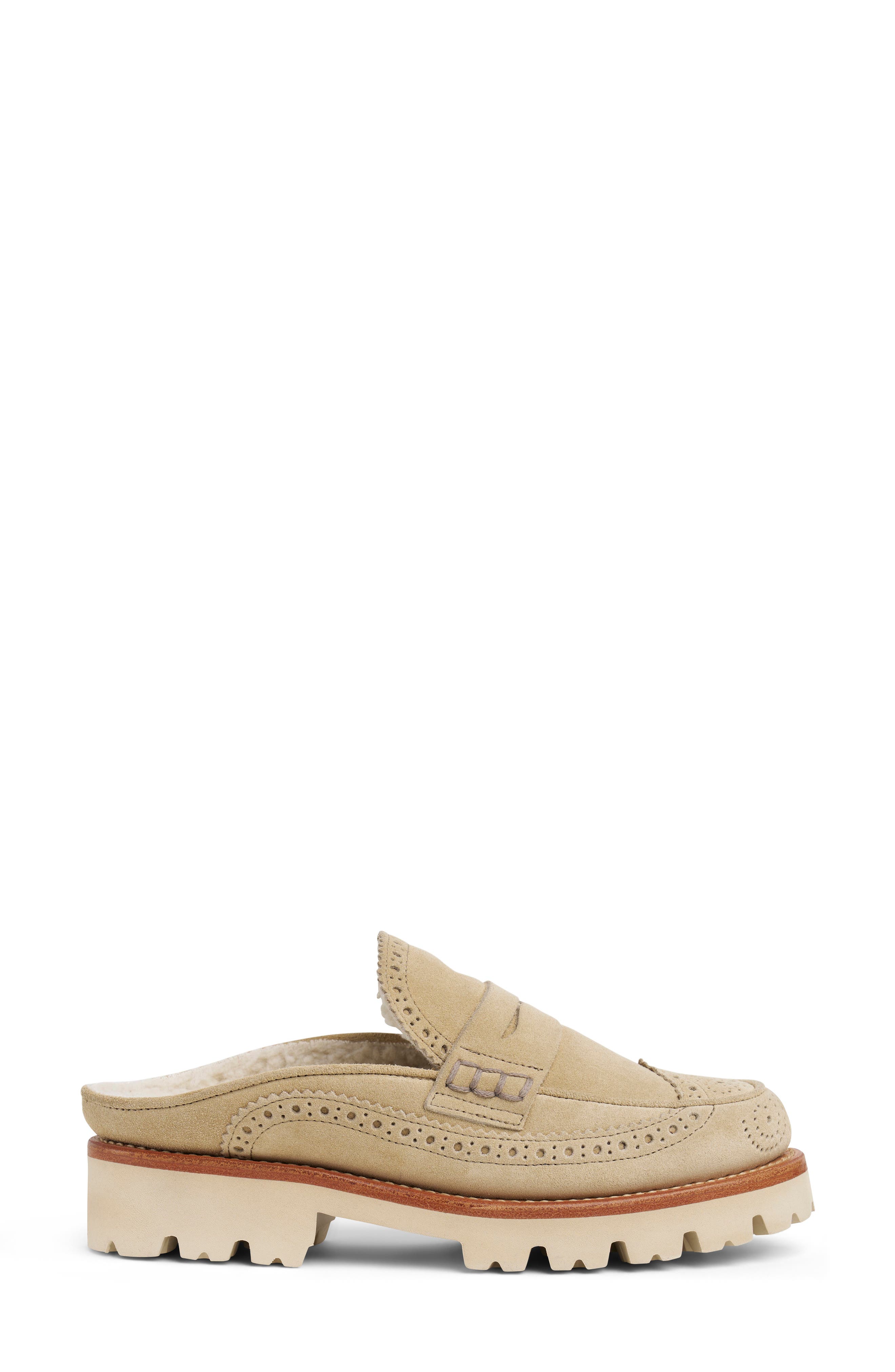 Miss Emma Genuine Shearling Trim Loafer Mule, Alternate, color, TAN SUEDE
