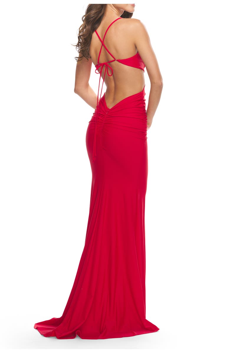La Femme Prom Dress with Cut Out Sides and Low Open Back, Alternate, color, Red