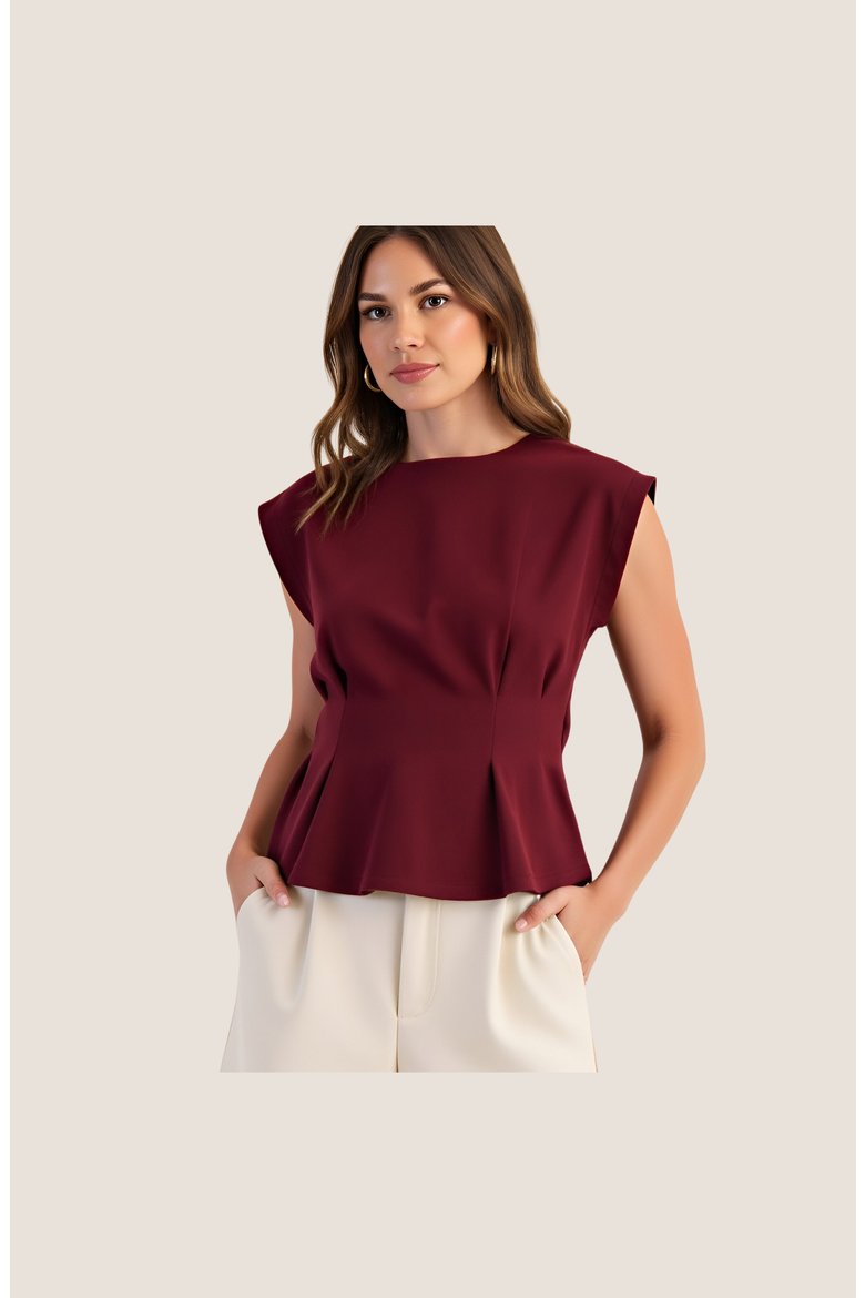 Cap Sleeve Peplum Top with Structured Pleats and Round Neck, Alternate, color, Burgundy