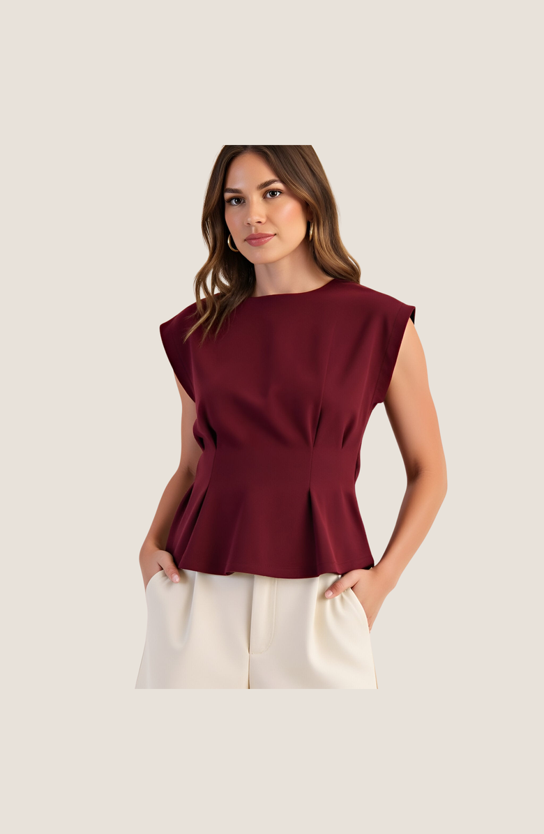 Modenaire Cap Sleeve Peplum Top with Structured Pleats and Round Neck, Alternate, color,