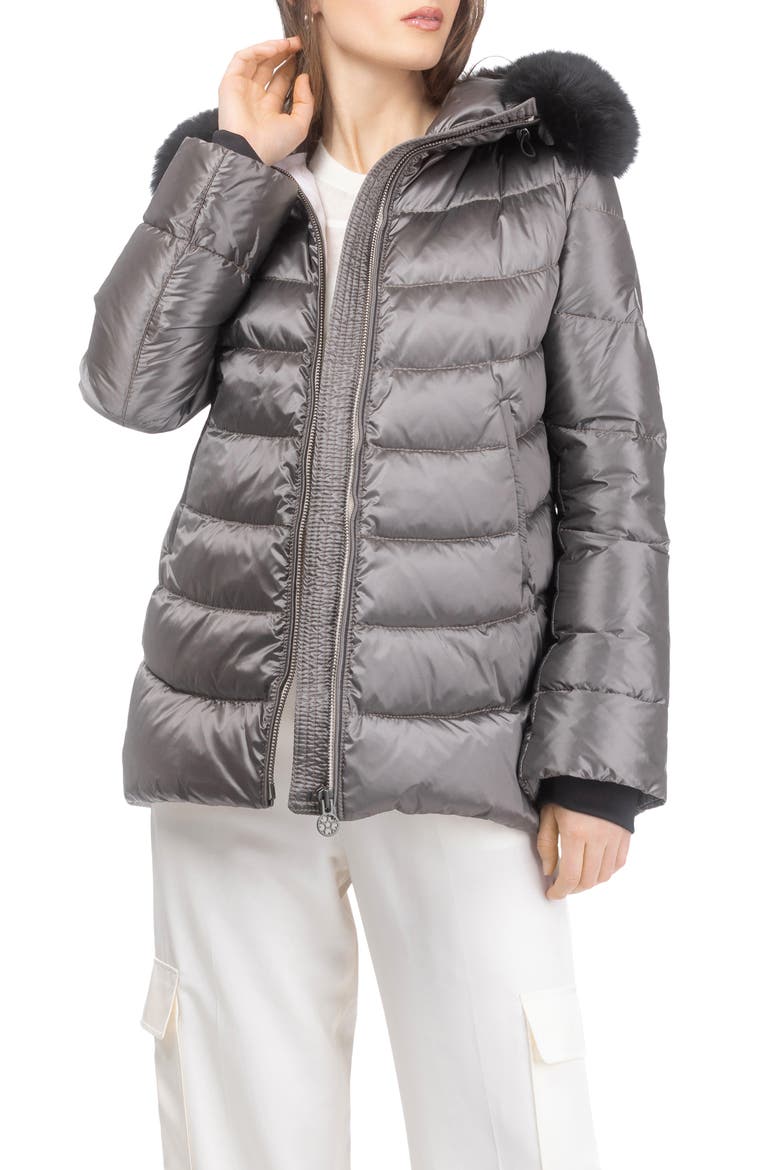 Apres-Ski Mid Jacket With Detachable Genuine Shearling Hood Trim, Alternate, color, GREIGE/BLACK