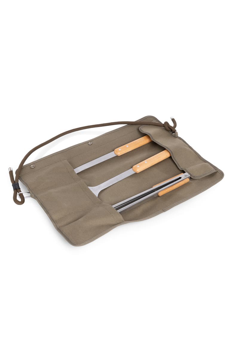 BBQ Roll Up 3 Piece Set - Green Canvas with Beechwood Tools, Alternate, color, Green
