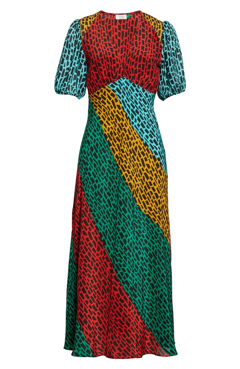RIXO Amber Colorblock Giraffe Print Silk Blend Dress, Alternate, color, 