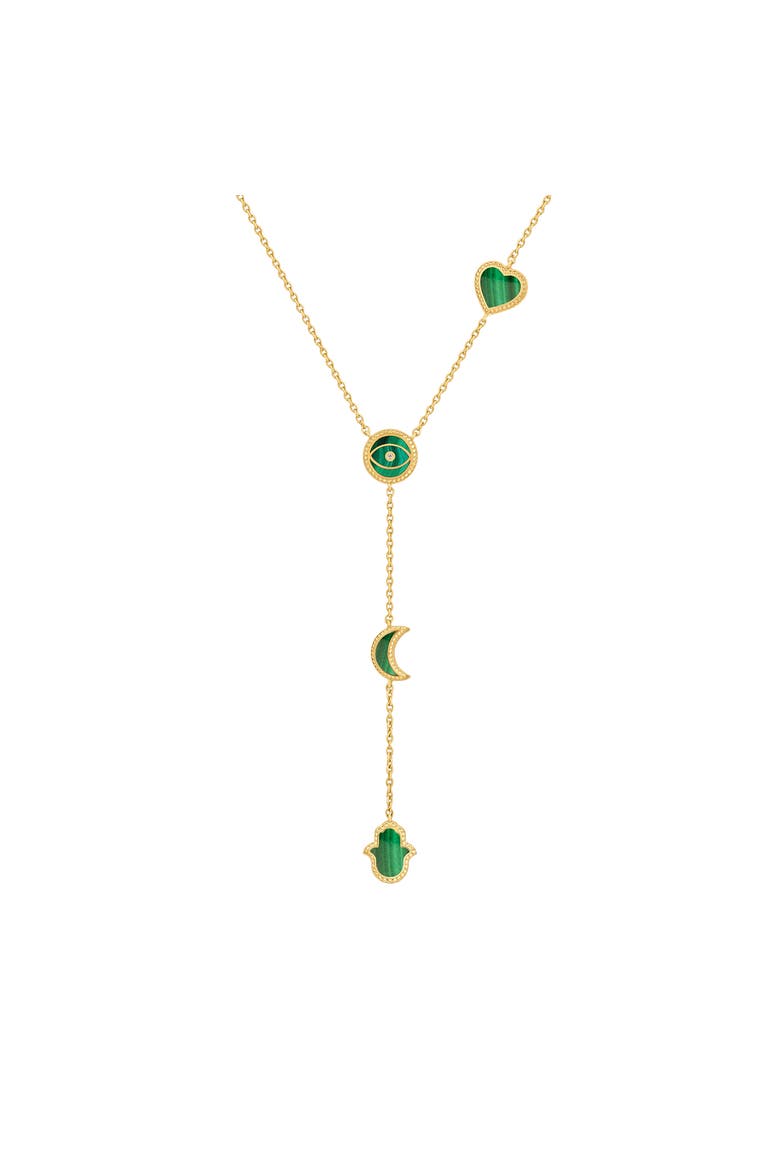 Women's Malachite Multi Symbol Gold Plated Lariat Necklace - Enlightened Soul, Main, color, Gold/green