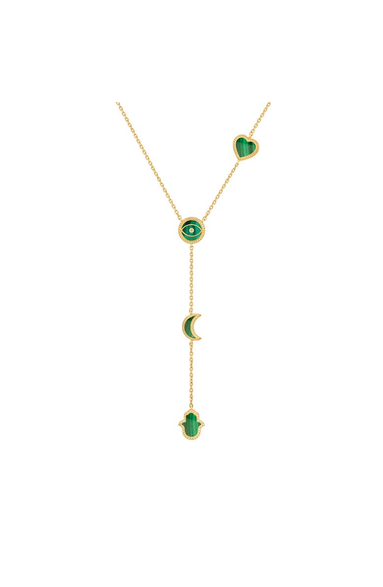 Karma and Luck Women's Malachite Multi Symbol Gold Plated Lariat Necklace - Enlightened Soul, Main, color, Gold/Green