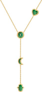 Karma and Luck Women's Malachite Multi Symbol Gold Plated Lariat Necklace - Enlightened Soul