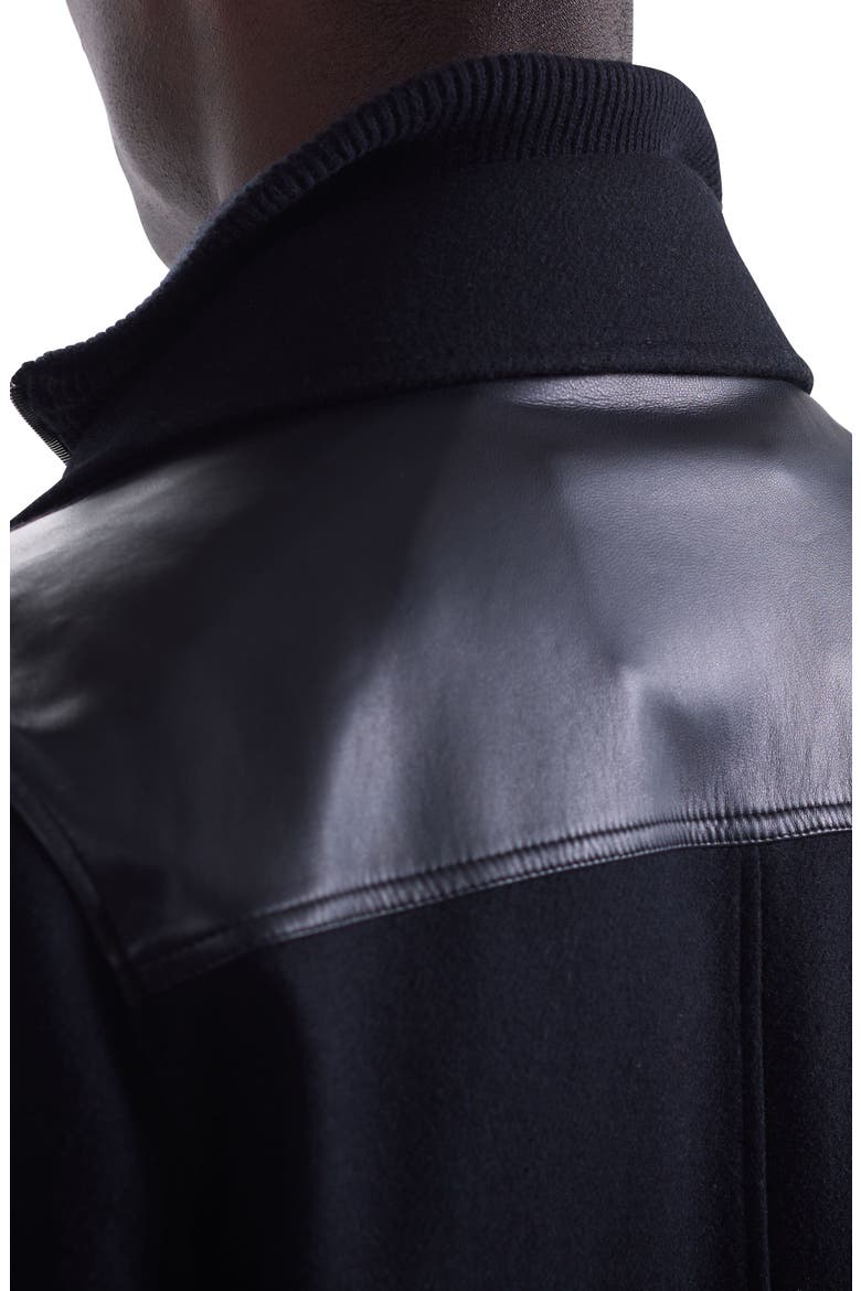 Leather Trim Wool Blend Tweed Peacoat, Alternate, color, BLACK