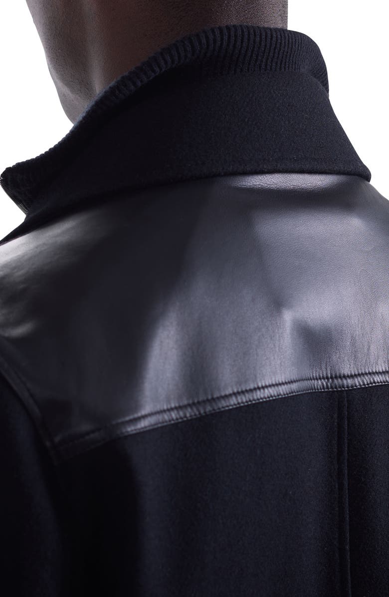 Bugatchi Leather Trim Wool Blend Tweed Peacoat, Alternate, color, Black