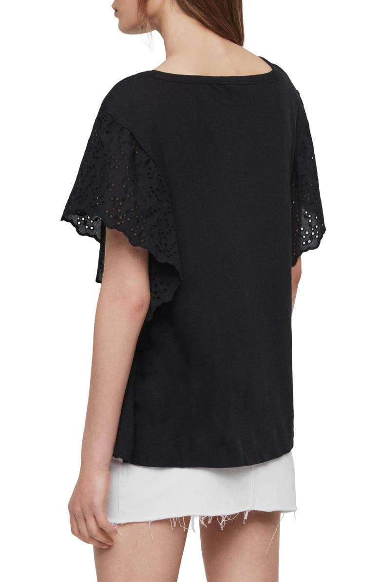AllSaints Noja Eyelet Flounce Sleeve Cotton & Linen Tee, Alternate, color, 