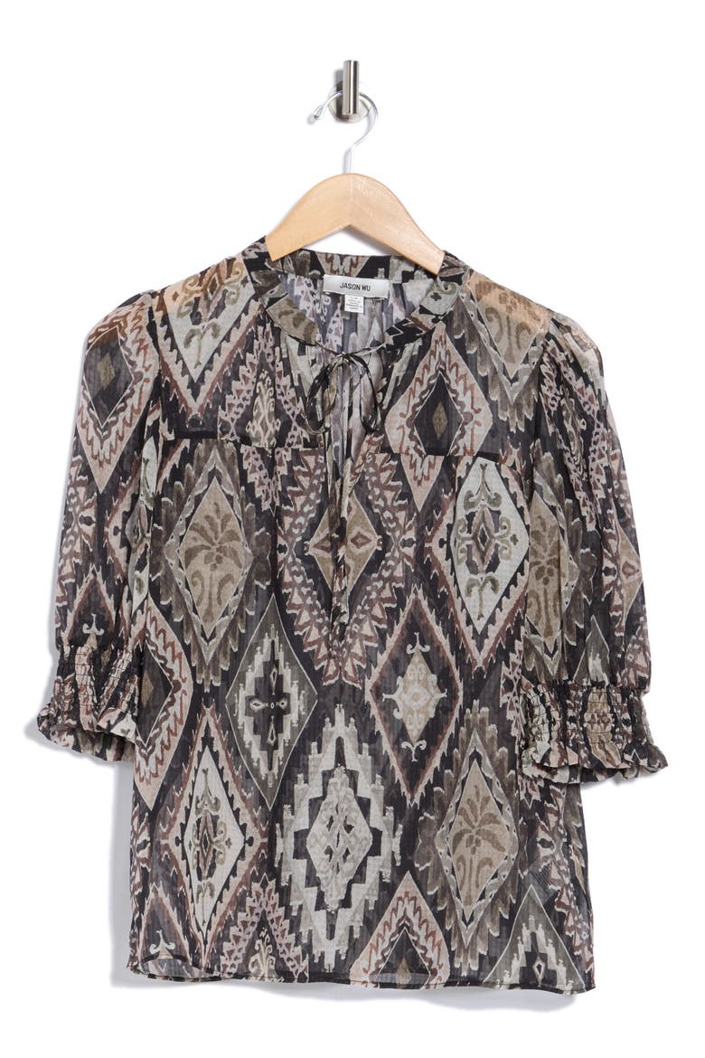 Tie Neck Puff Sleeve Printed Top, Alternate, color, BROWN DIAMOND