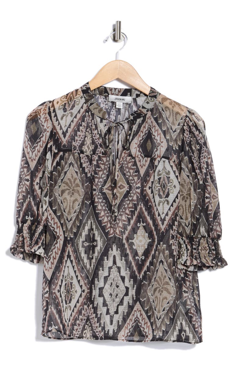JASON WU Tie Neck Puff Sleeve Printed Top, Alternate, color, Brown Diamond