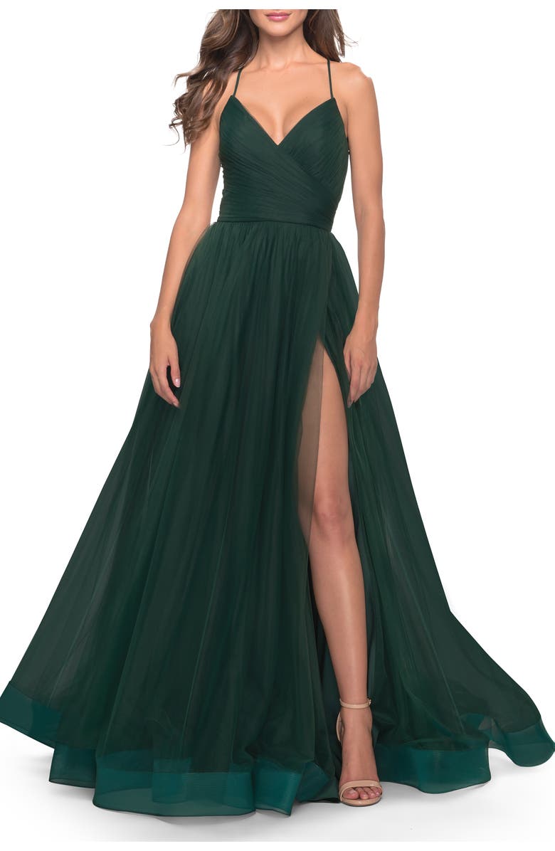 La Femme Long Tulle A-line Gown with Side Slit and Pockets, Alternate, color, Dark Emerald