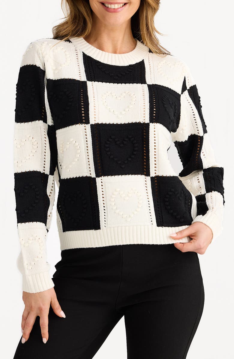 Brave+True Heart of Hearts Checkerboard Sweater, Main, color, Black/ Natural