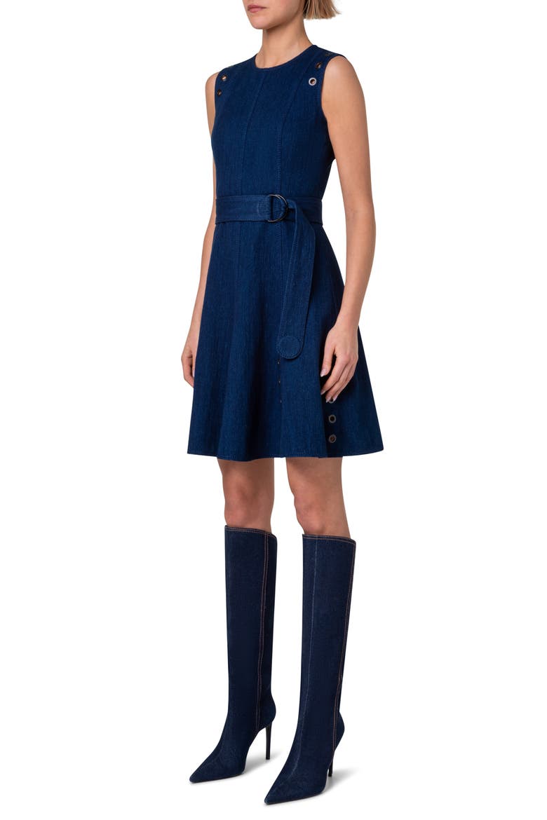 Grommet Detail Belted Stretch Denim Dress, Alternate, color, INK DENIM