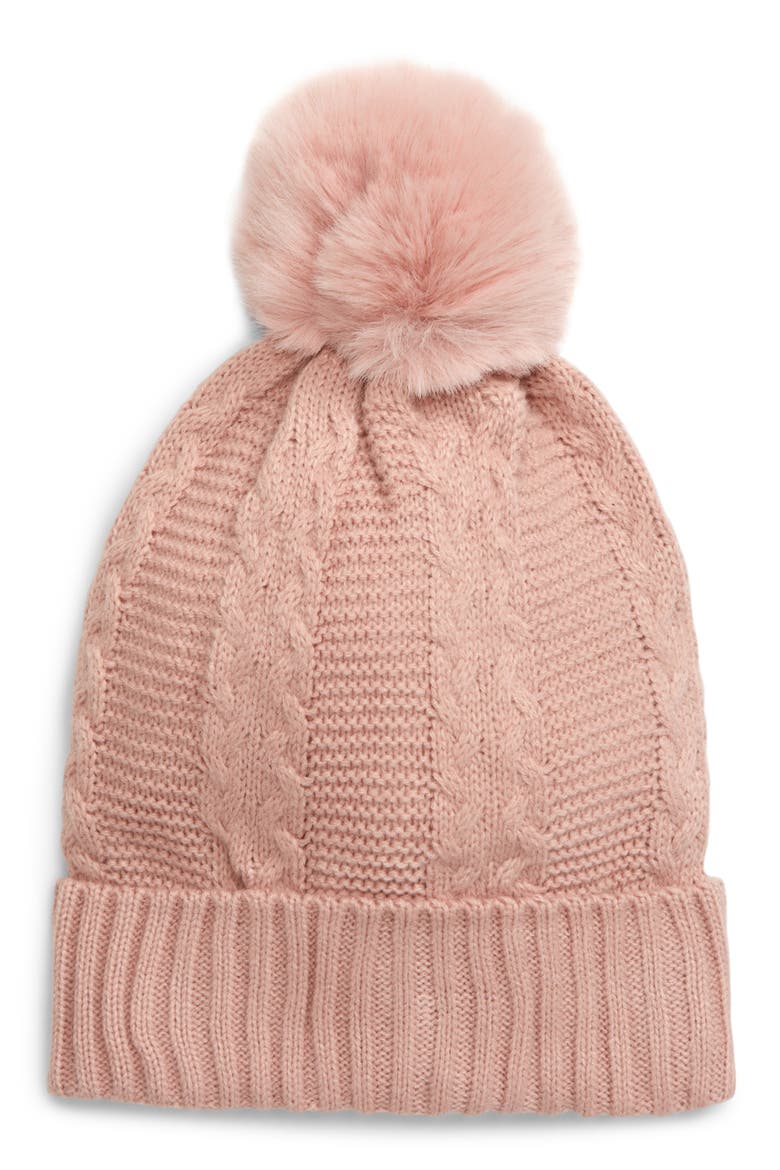 Faux Fur Pom Beanie, Main, color, PINK BRIDE