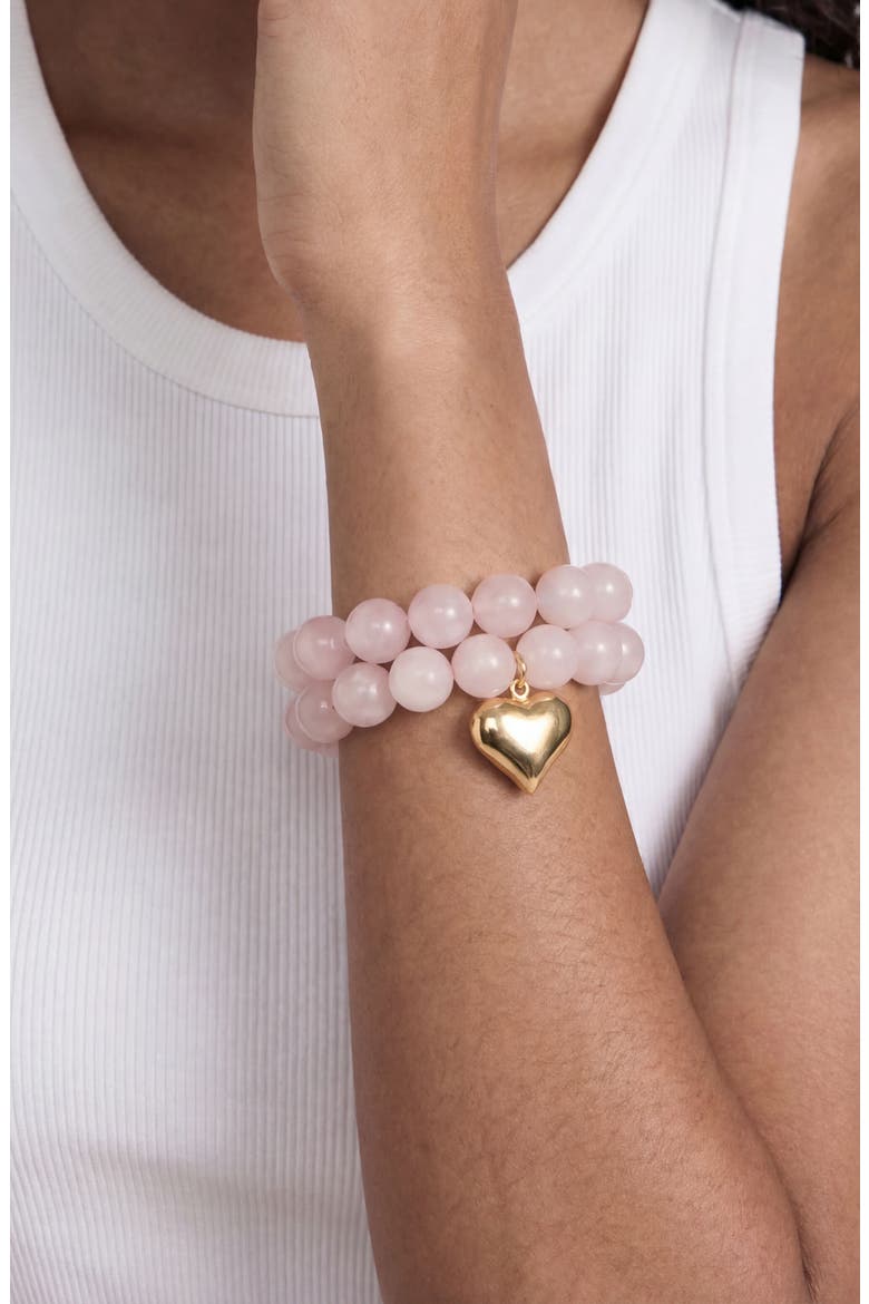 Luck & Love Stone Puffy Heart Stretch Bracelet, Alternate, color, ROSE QUARTZ