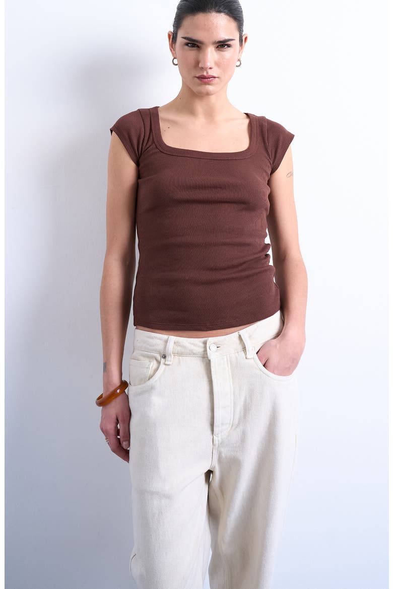 Square Neck Cap Sleeve Stretch Cotton Rib Top, Main, color, BROWN