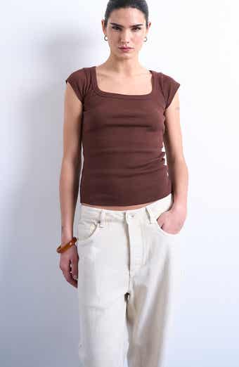 Square Neck Cap Sleeve Stretch Cotton Rib Top