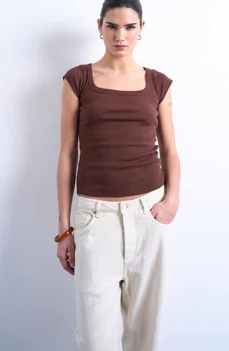 Square Neck Cap Sleeve Stretch Cotton Rib Top