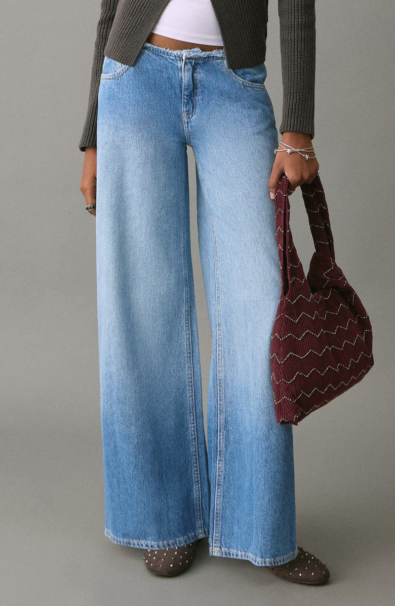 MANGO TEEN Frayed Waist Wide Leg Jeans, Main, color, Medium Blue