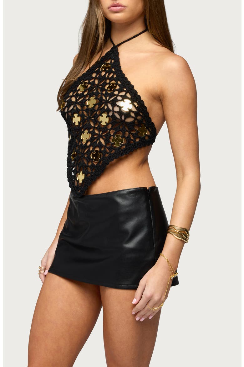 Goldtone Disc Crochet Handkerchief Halter Top, Alternate, color, BLACK