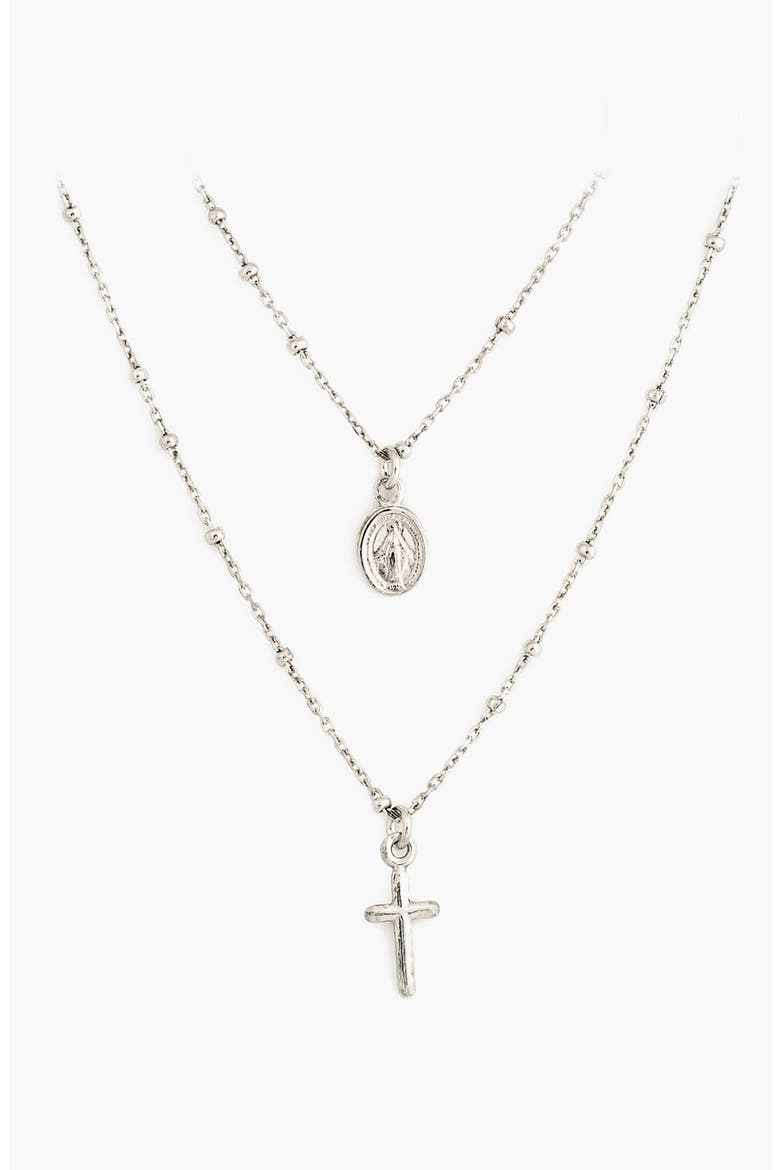 Cross & Miraculous Medal Double Strand Pendant Necklace, Main, color, NONE