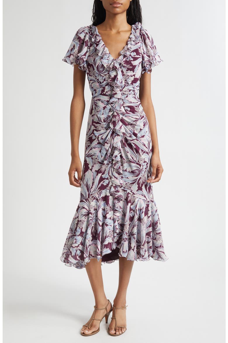 Clio Floral Ruffled Midi Dress, Main, color, DEEP PLUM MULTI