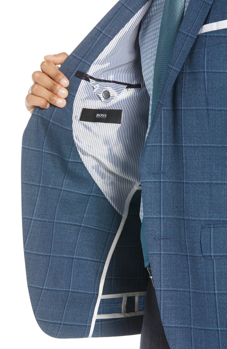 BOSS Hartlay Trim Fit Windowpane Wool Sport Coat, Alternate, color, Teal