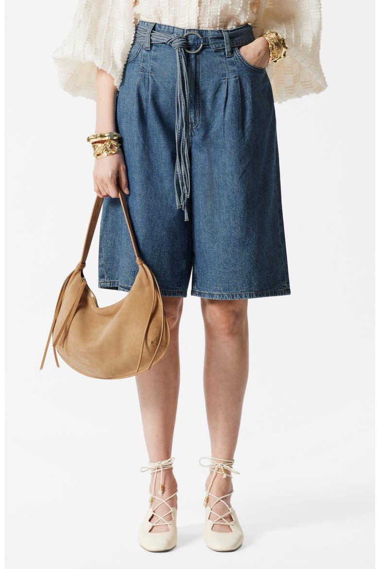 Belted Longer Length Denim Shorts, Main, color, BLUE MEDIUM DUSTY