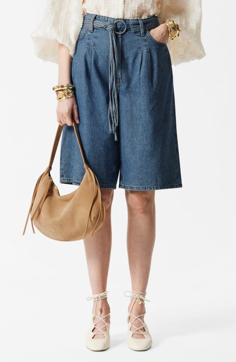 Belted Longer Length Denim Shorts