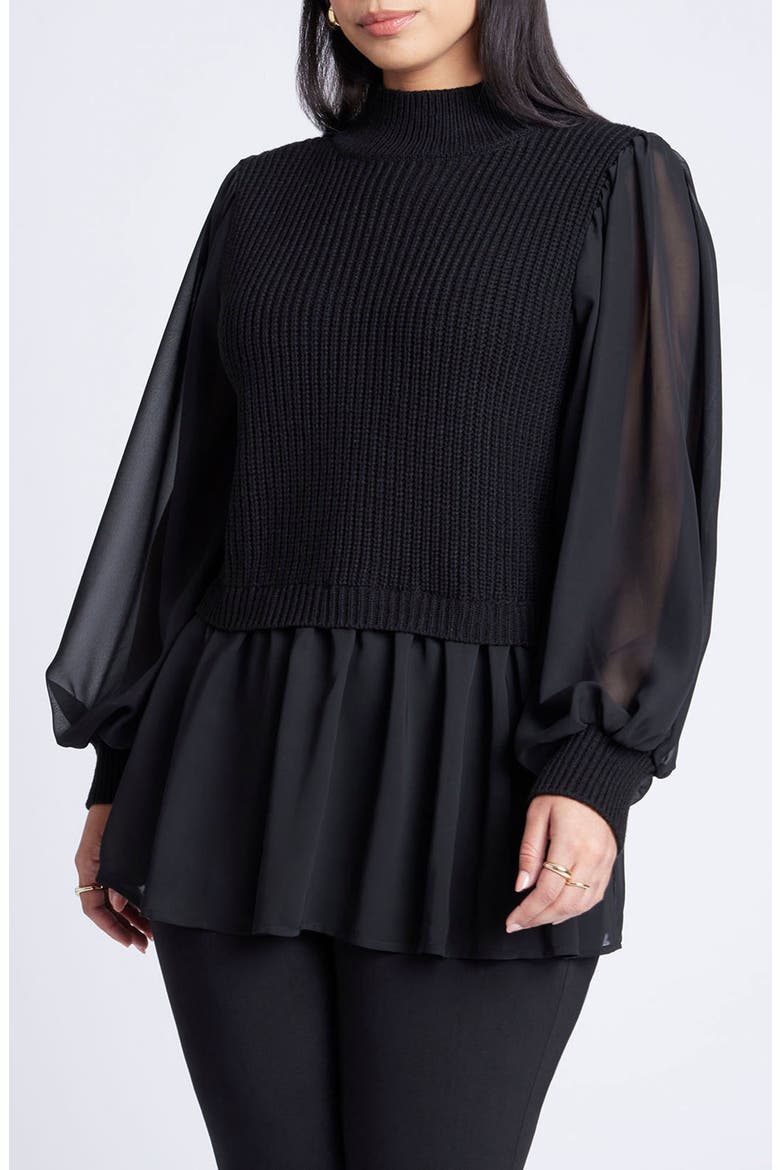 Twofer Sweater With Chiffon, Main, color, BLACK ONYX