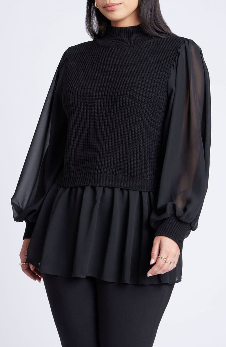 ELOQUII Mixed Media Mock Neck Tunic Sweater, Main, color, 