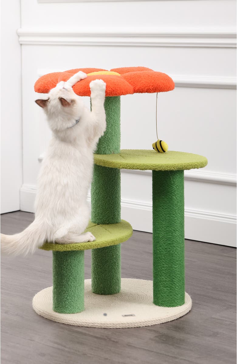The Licker Store Poppy 29" 3-Tier Modern Jute Flower Cat Tree with Dangling Toy, Alternate, color, Orange/Green