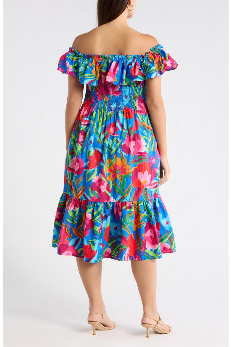 Naima Floral Off the Shoulder Smocked Midi Dress, Alternate, color, COBALT-PINK-MULTI