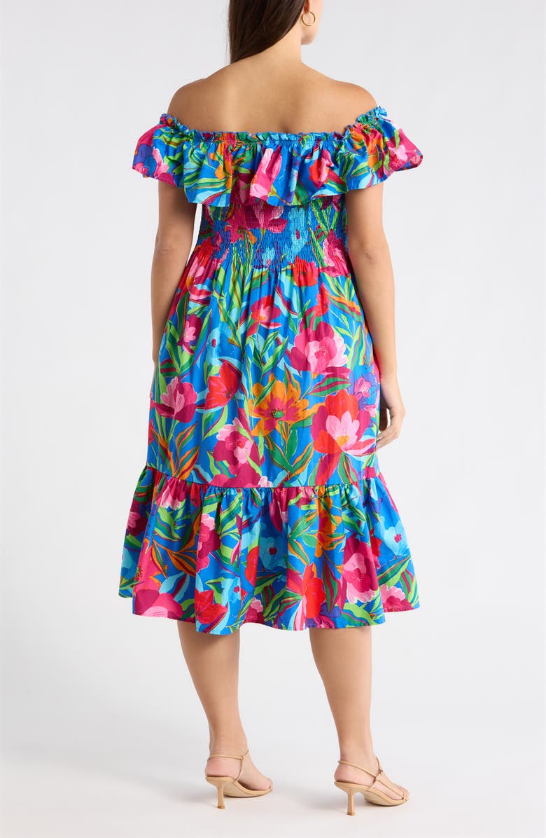 SUGARLIPS Naima Floral Off the Shoulder Smocked Midi Dress, Alternate, color, Cobalt-Pink-Multi