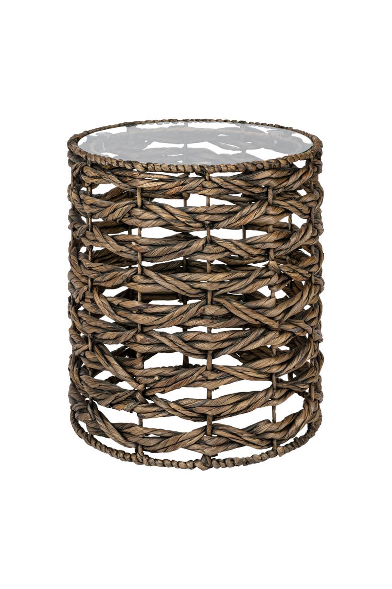 Malaya Bohemian Handwoven Round End Table with Glass Top, Fully Assembled Open Weave Accent Side Table, Main, color, Brown
